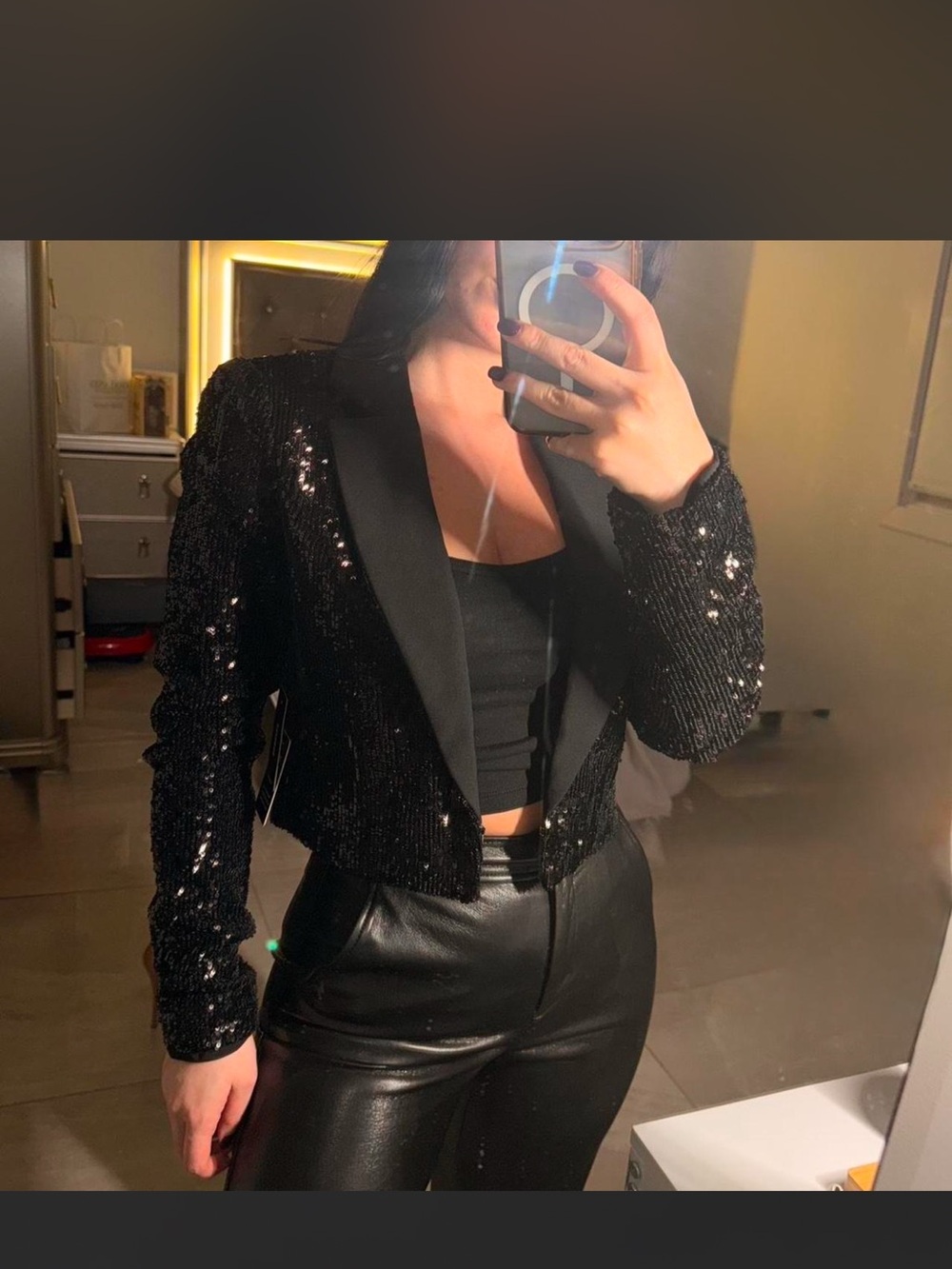 Express Black Sequin Cropped Blazer with Satin Lapel